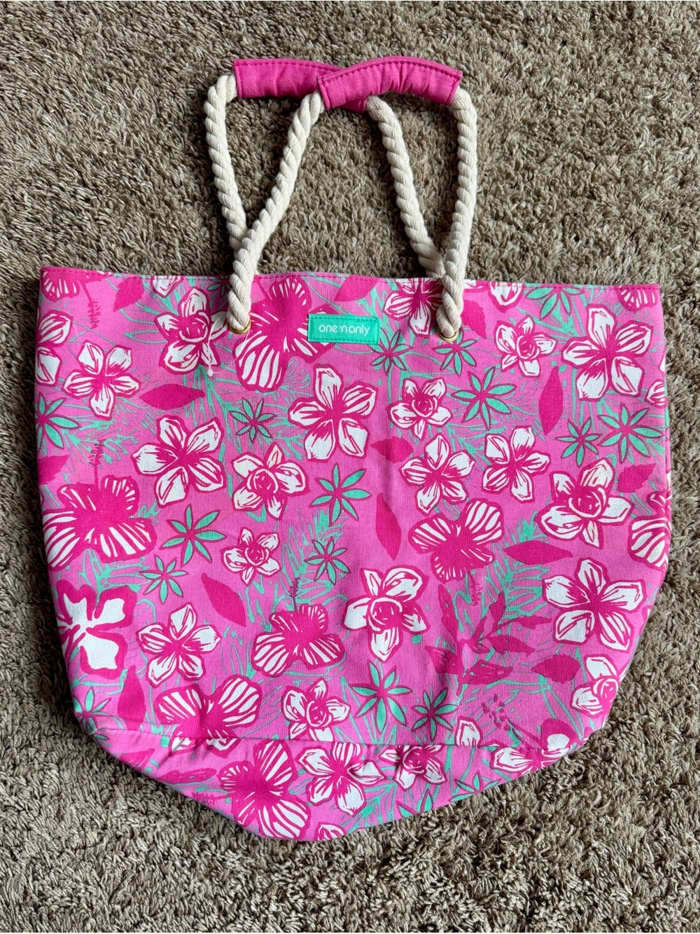 One N' Only Pink Floral Rope-Handle Beach Tote, Beach Bag